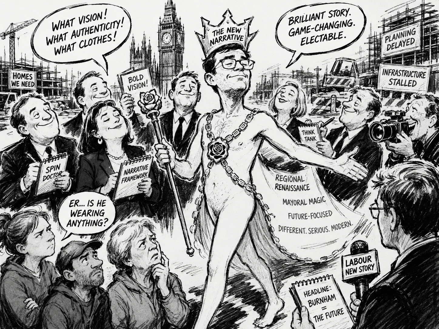 Black-and-white political cartoon showing a Labour figure as the emperor in new clothes, praised by media and political courtiers while ordinary voters look sceptical and stalled housing and infrastructure sit in the background.