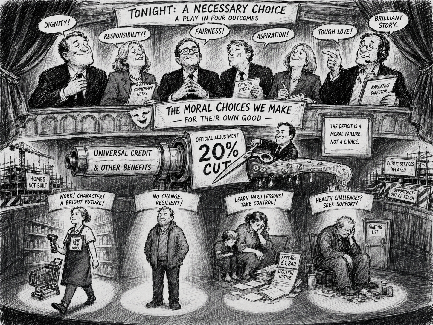 Black-and-white political cartoon showing benefit cuts staged as a morality play, with commentators praising virtue from the balcony while households below are pushed into different outcomes.